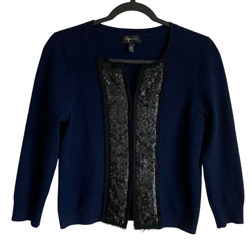 Aqua Cashmere Cardigan Sweater Sz S Navy Black Matte Sequin Detail Old Money